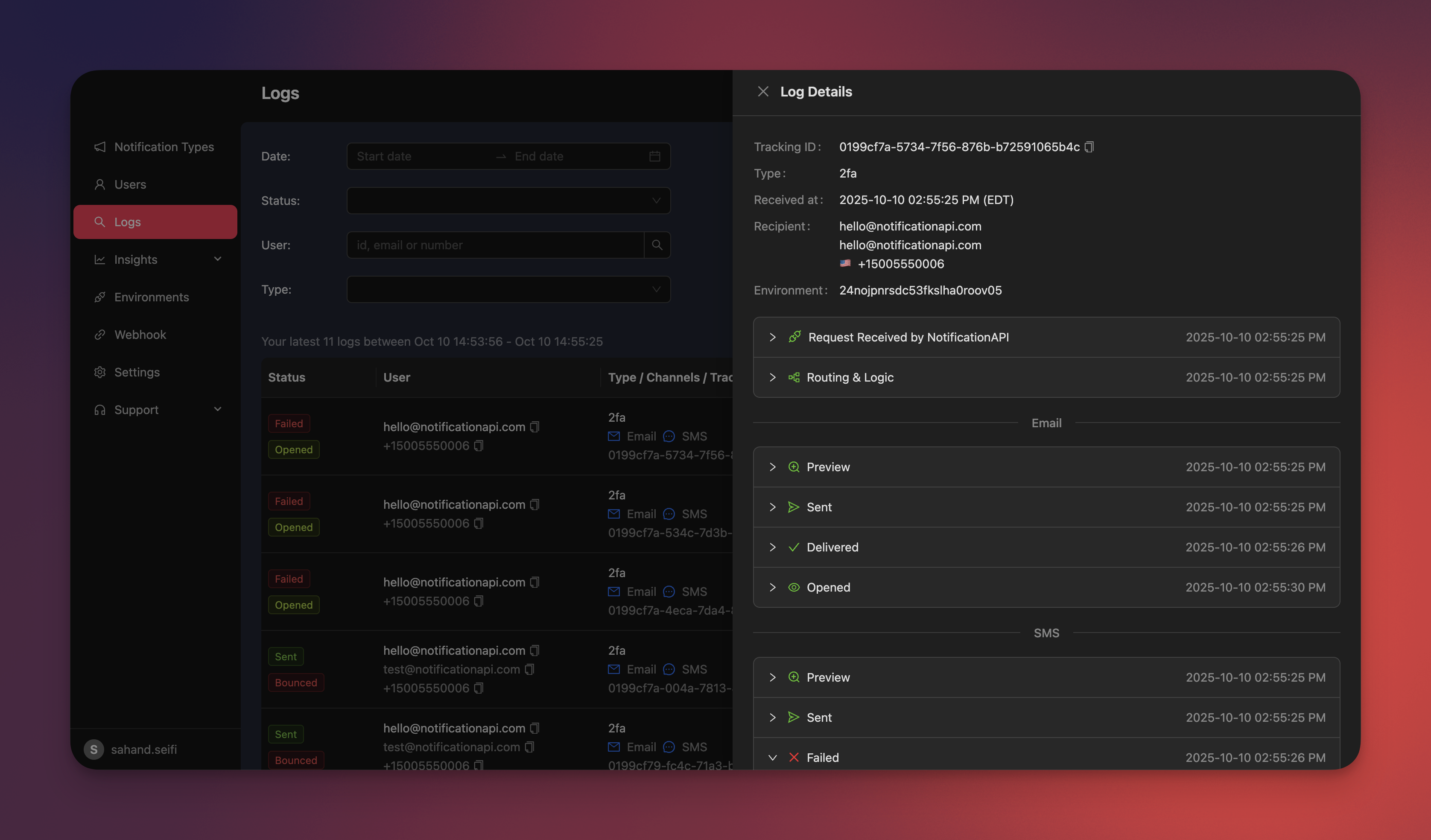 NotificationAPI logs interface showing delivery status, timestamps, and notification details