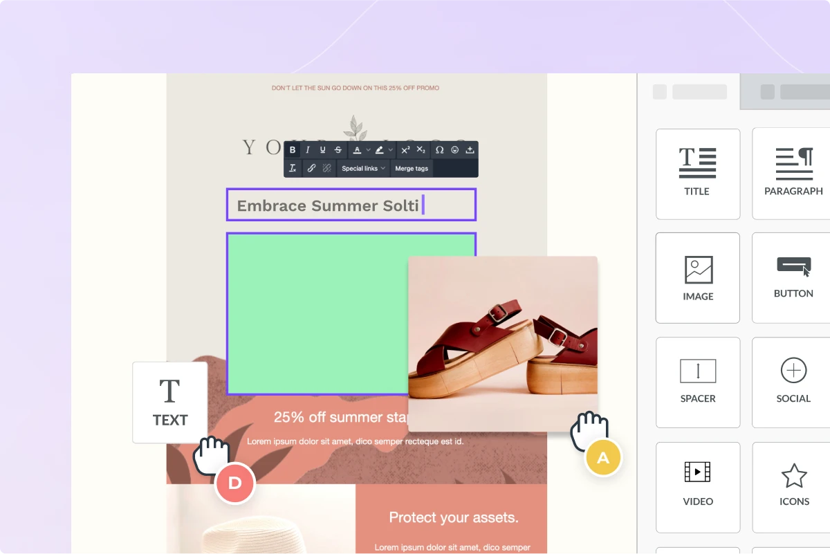 Bee email editor interface showing drag and drop functionality