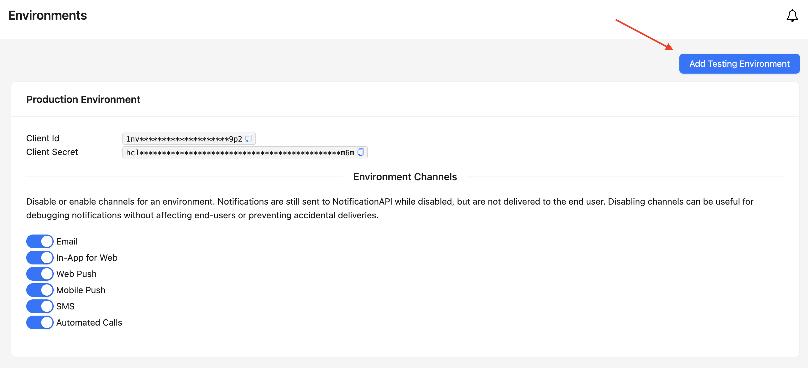 NotificationAPI dashboard showing how to add a testing environment