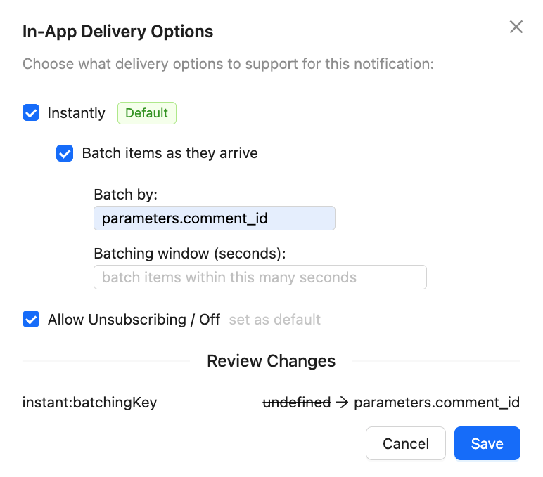 In‑App delivery options showing batching toggle