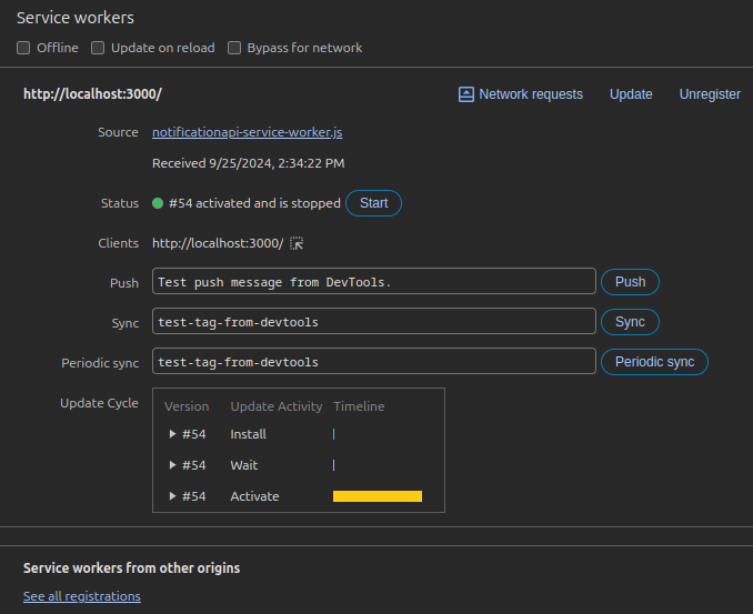 Browser developer tools showing service worker successfully initialized
