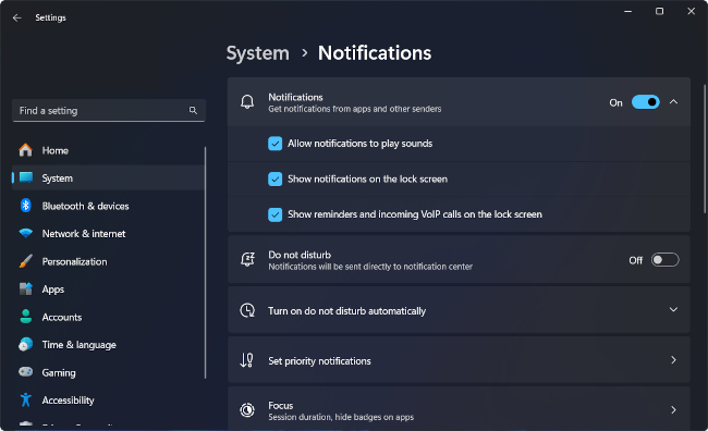 Windows Settings showing notification options for system notifications